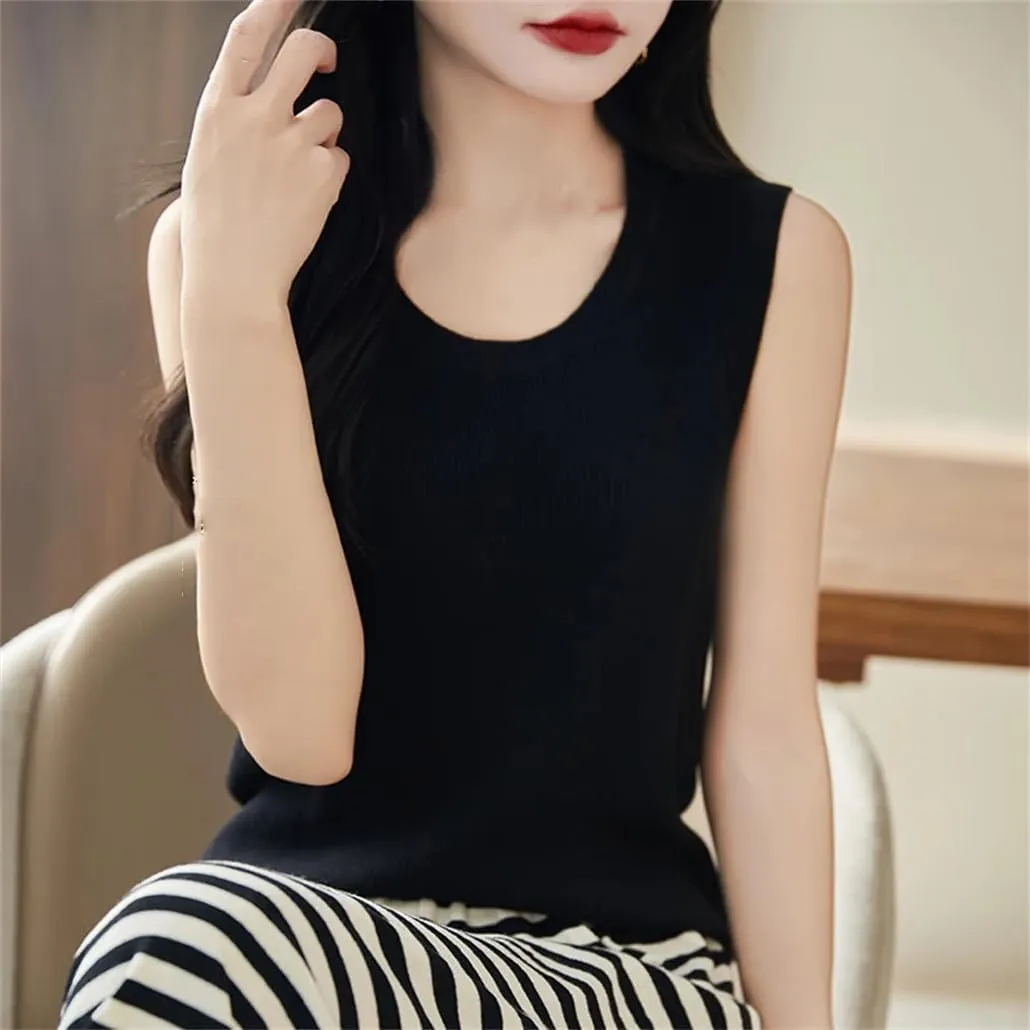 Wool Sleeveless Knitted Camisole Vest for Women Round Neck Inner Top Thin Pullover
