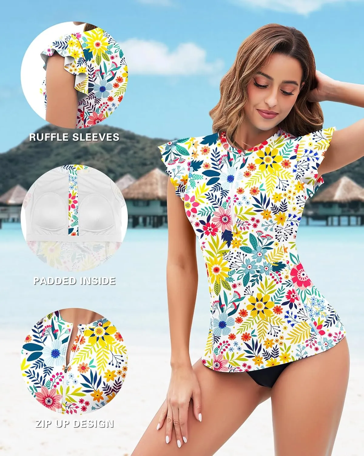 WOWENY Womens Padded Rash Guard Short Sleeve Swim Shirts 1/4 Zip UPF 50 Sun Protection Swimsuit Tankini Bathing Suit Top