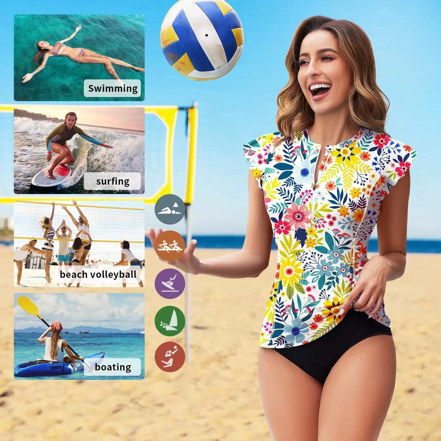 WOWENY Womens Padded Rash Guard Short Sleeve Swim Shirts 1/4 Zip UPF 50 Sun Protection Swimsuit Tankini Bathing Suit Top