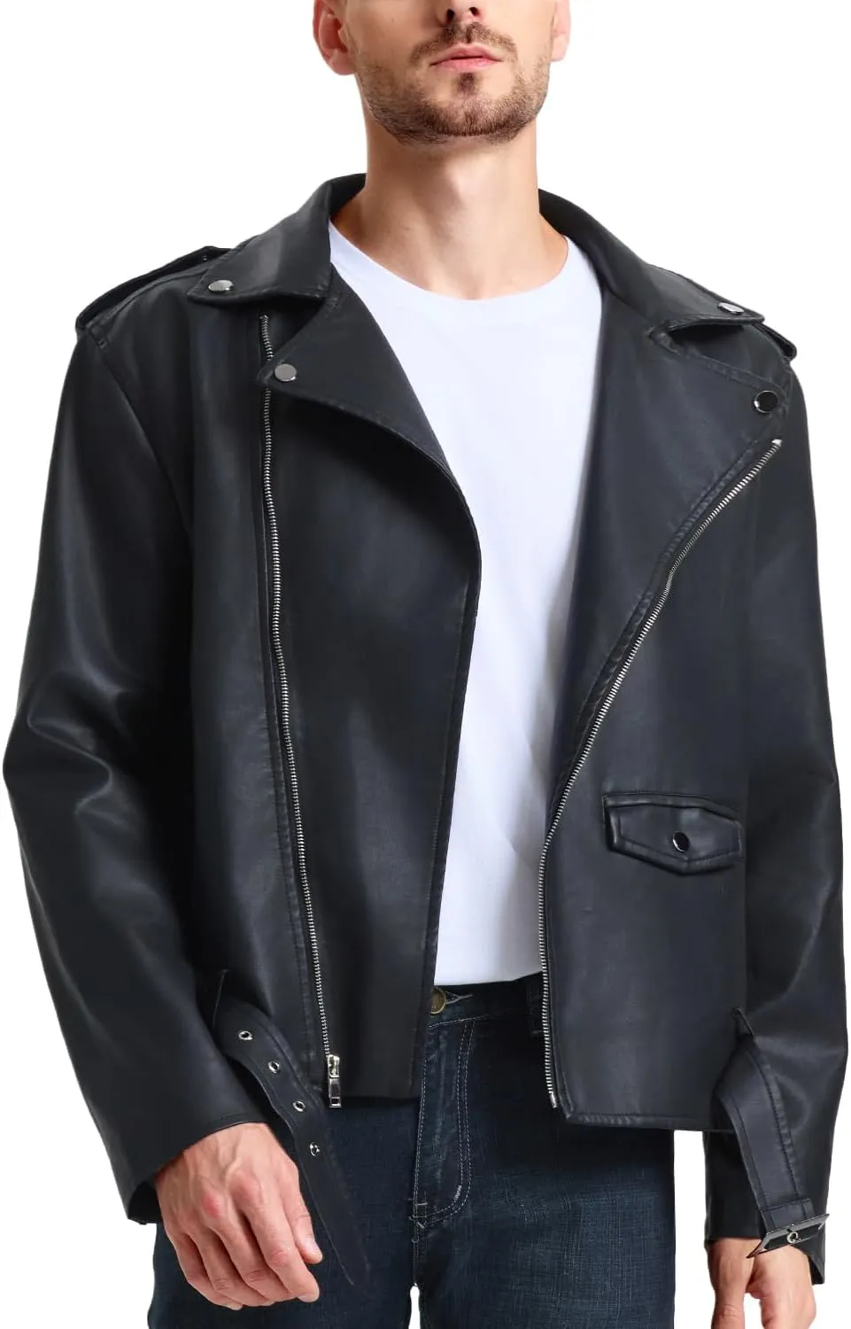 WULFUL Men's Leather Jackets, Faux Bomber Jacket for Men Motorcycle Lapel Asymmetric Zip-Up Slim Fit Biker Coat