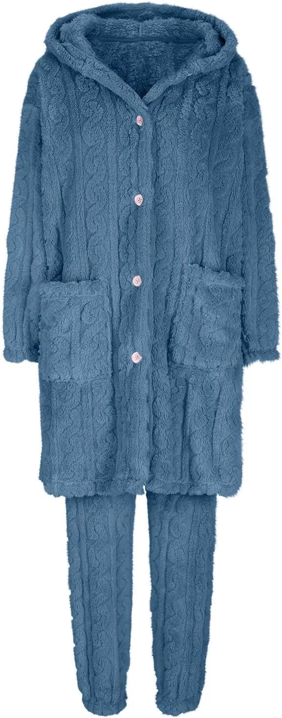 XUNRYAN Two Piece Outfits Women's Fuzzy Fleece Sherpa Jacket Hooded Pajama Set Mid Long Coat Plush Pants Loungewear sets