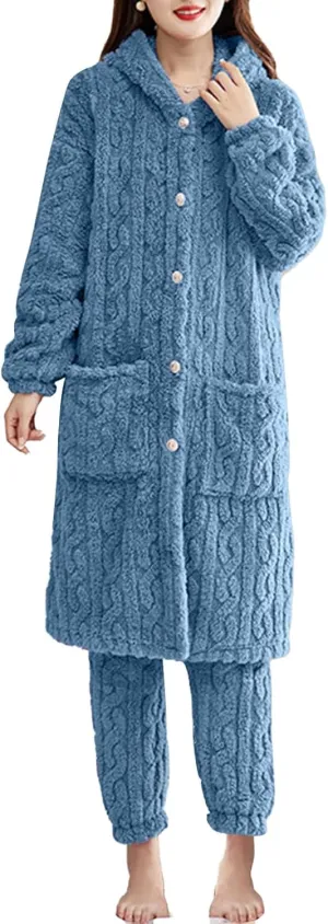 XUNRYAN Two Piece Outfits Women's Fuzzy Fleece Sherpa Jacket Hooded Pajama Set Mid Long Coat Plush Pants Loungewear sets