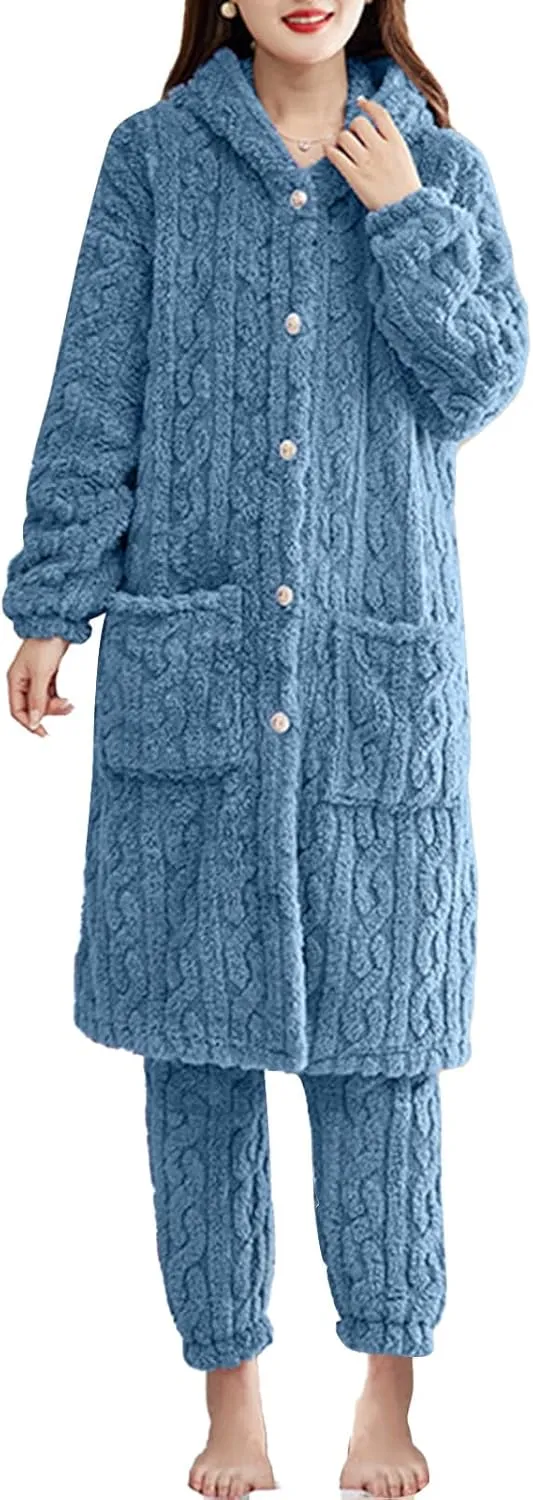 XUNRYAN Two Piece Outfits Women's Fuzzy Fleece Sherpa Jacket Hooded Pajama Set Mid Long Coat Plush Pants Loungewear sets