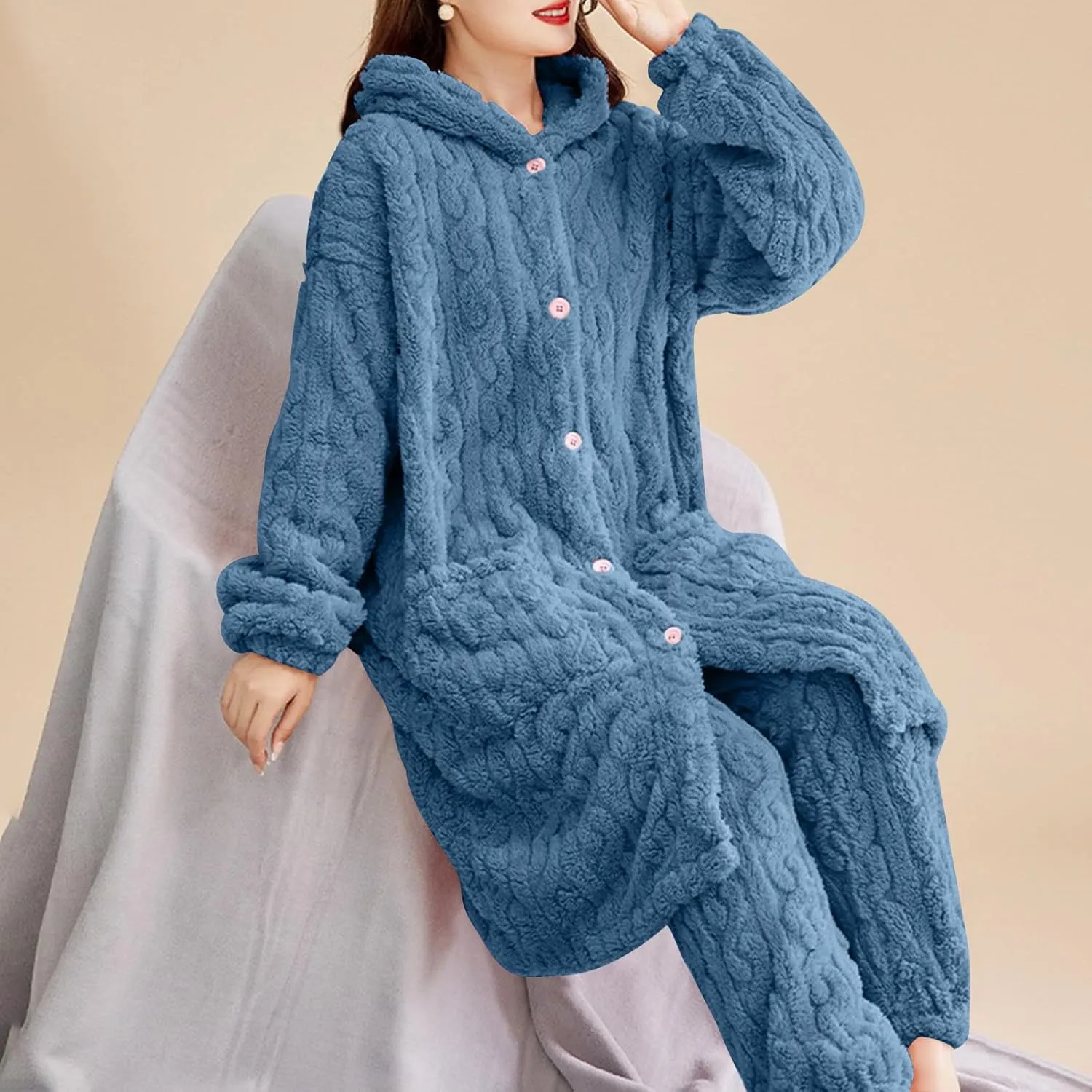 XUNRYAN Two Piece Outfits Women's Fuzzy Fleece Sherpa Jacket Hooded Pajama Set Mid Long Coat Plush Pants Loungewear sets
