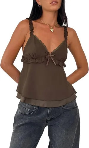 Y2k Crop Tank Top Women Sexy Sleeveless Going Out Camisole Spaghetti Strap Lace Low V Neck Halter Backless Cami