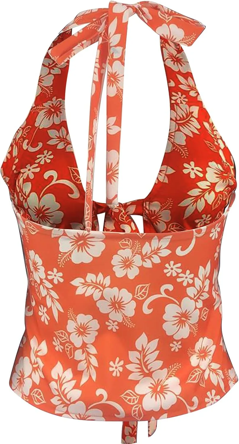 Y2k Front Tie Up Cami Tops for Women Sleeveless Floral Printed Spaghetti Strap Tank Top Trendy Going Out Camisole