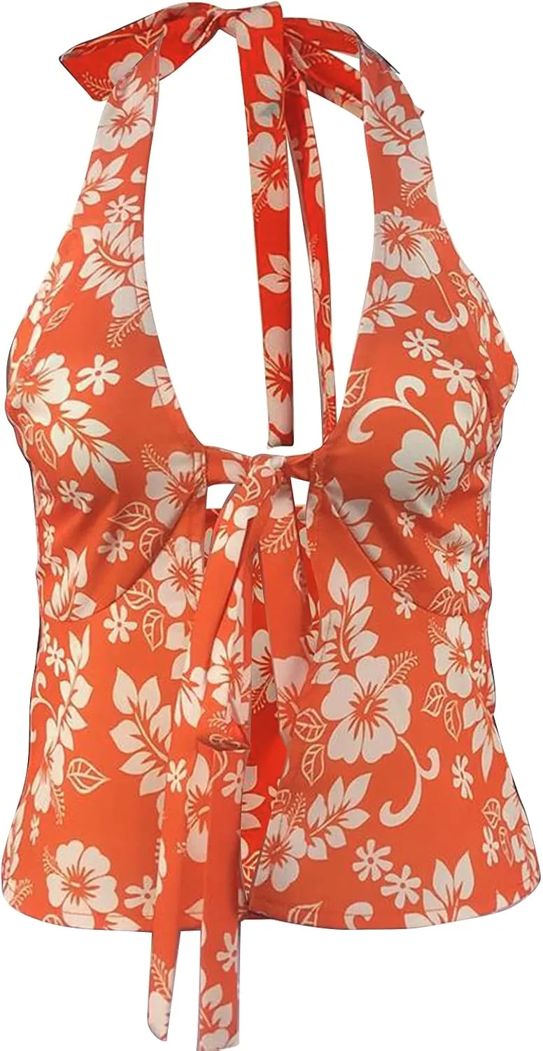 Y2k Front Tie Up Cami Tops for Women Sleeveless Floral Printed Spaghetti Strap Tank Top Trendy Going Out Camisole