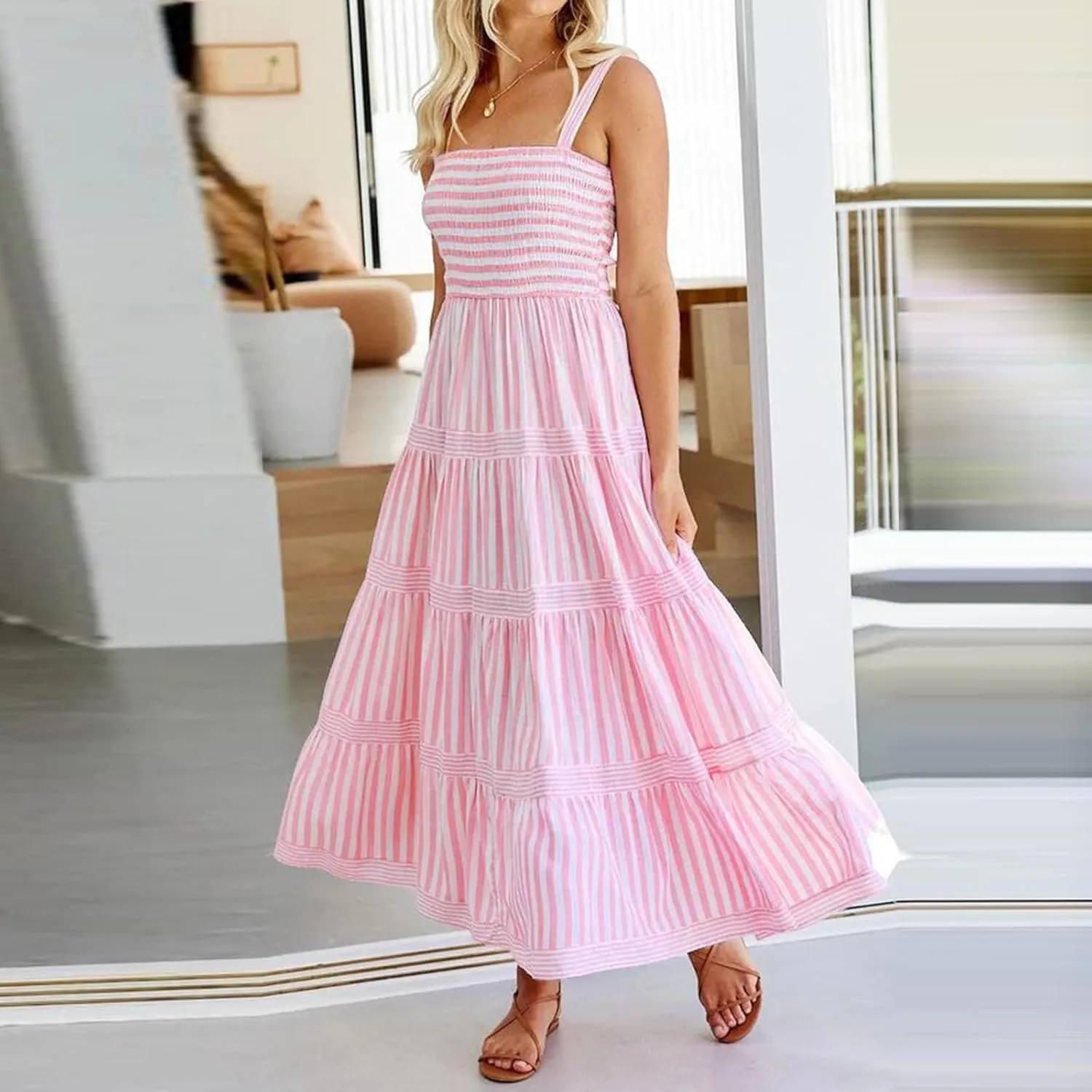 Y2k Women Striped Tiered Maxi Dress Sleeveless Spaghetti Strap Long Dresses Square Neck Bodycon Sundress Summer