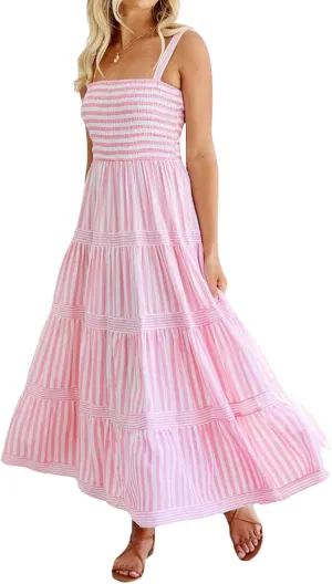 Y2k Women Striped Tiered Maxi Dress Sleeveless Spaghetti Strap Long Dresses Square Neck Bodycon Sundress Summer