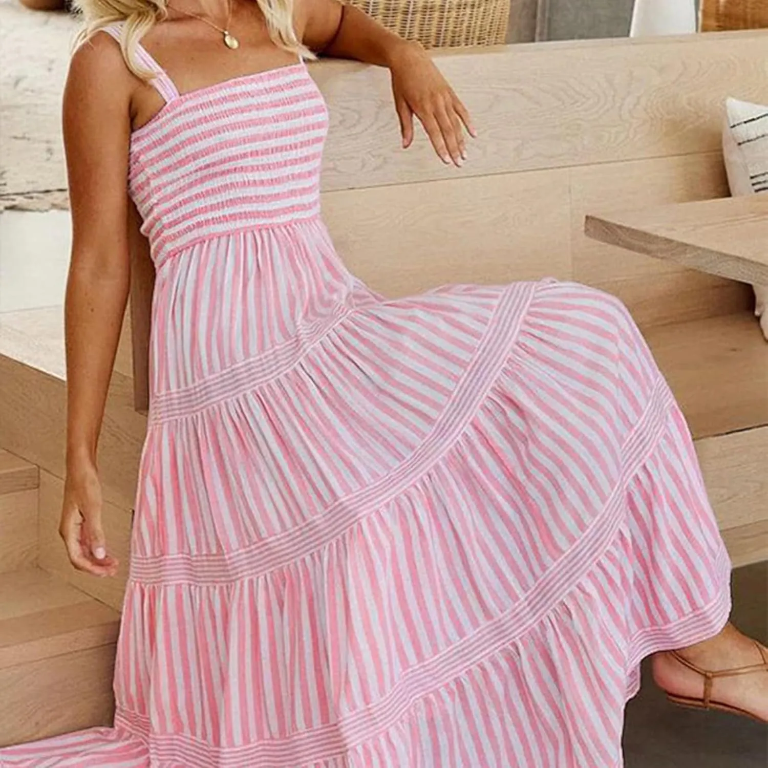Y2k Women Striped Tiered Maxi Dress Sleeveless Spaghetti Strap Long Dresses Square Neck Bodycon Sundress Summer