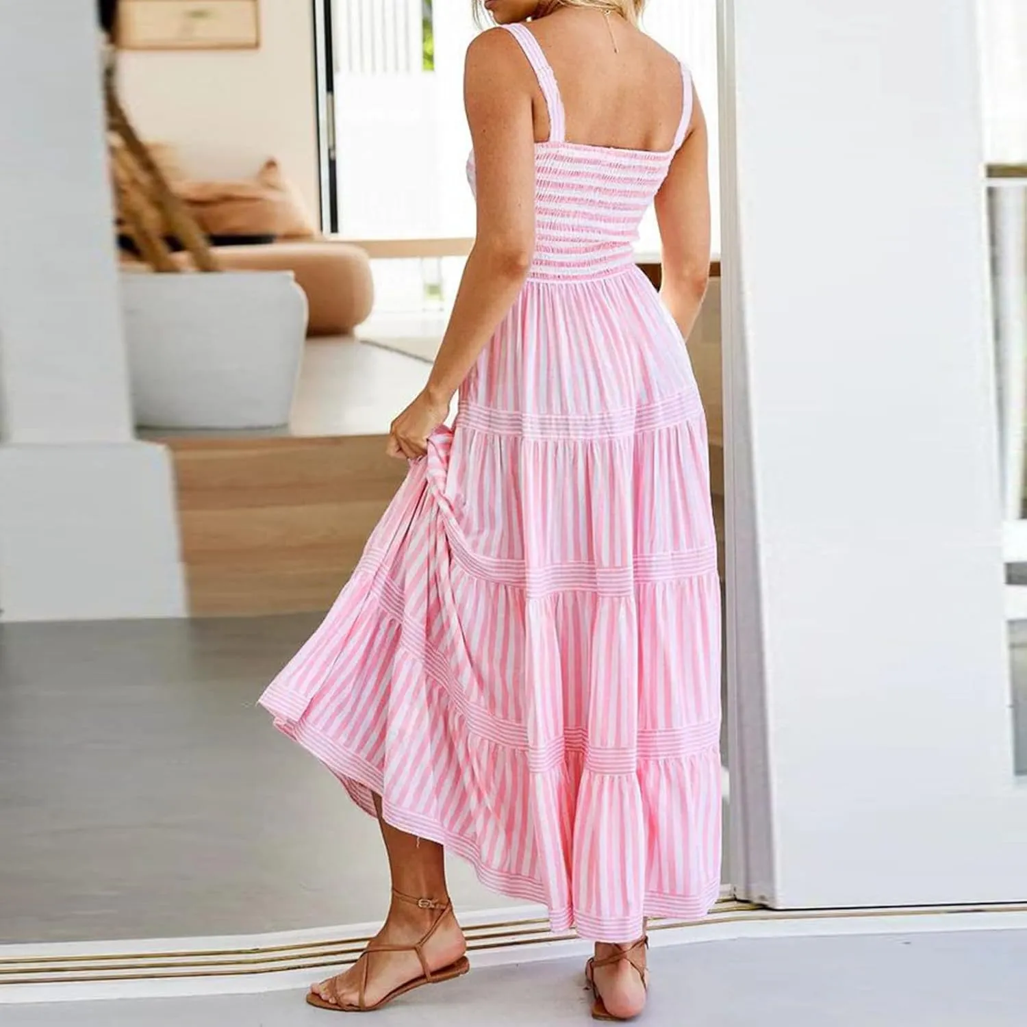 Y2k Women Striped Tiered Maxi Dress Sleeveless Spaghetti Strap Long Dresses Square Neck Bodycon Sundress Summer