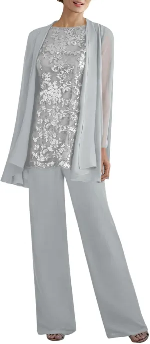 YAUTKA 3 Pieces Pant Suits for Wedding Long Sleeve Lace Chiffon Dressy Formal Outfits for Women 2025 with Jackets