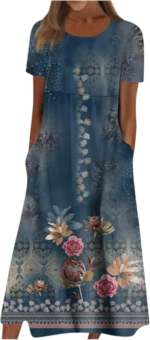 Yesunpxs Summer Dresses for Women Floral Print Loose Sundresses Short Sleeves Round Neck Beach Dress Casual Maxi Dress with