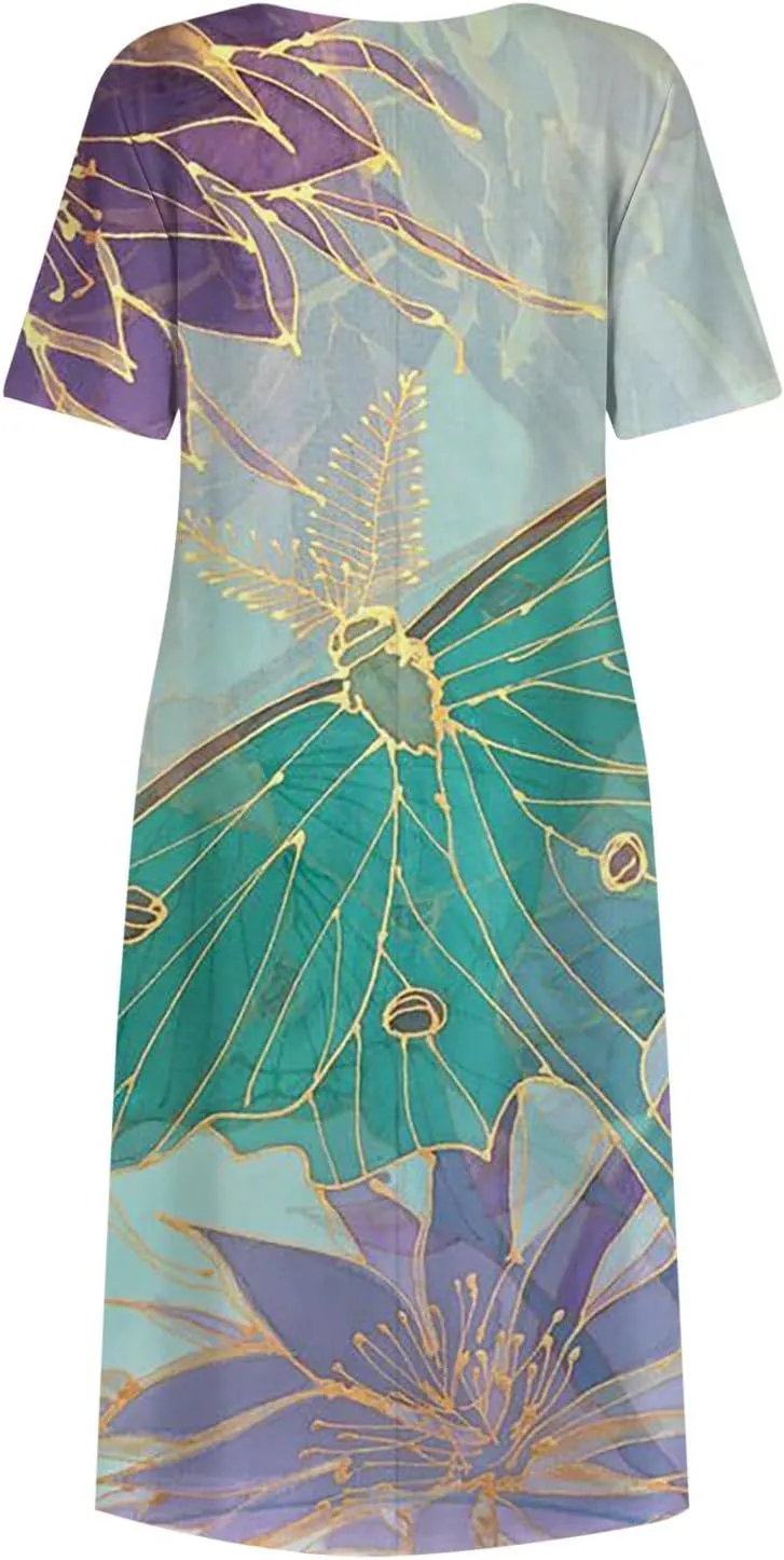 Yesunpxs Summer Dresses for Women Floral Print Loose Sundresses Short Sleeves Round Neck Beach Dress Casual Maxi Dress with