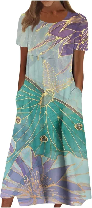 Yesunpxs Summer Dresses for Women Floral Print Loose Sundresses Short Sleeves Round Neck Beach Dress Casual Maxi Dress with