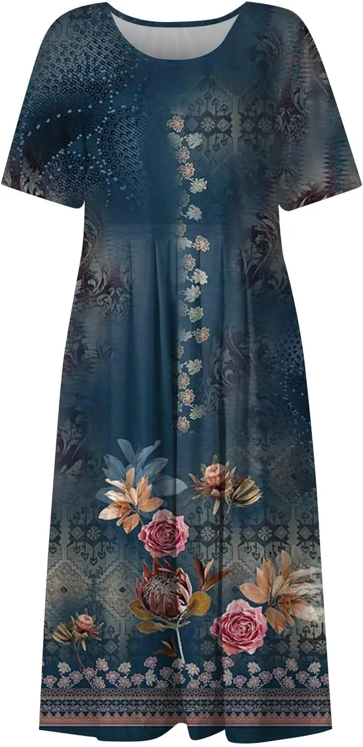 Yesunpxs Summer Dresses for Women Floral Print Loose Sundresses Short Sleeves Round Neck Beach Dress Casual Maxi Dress with