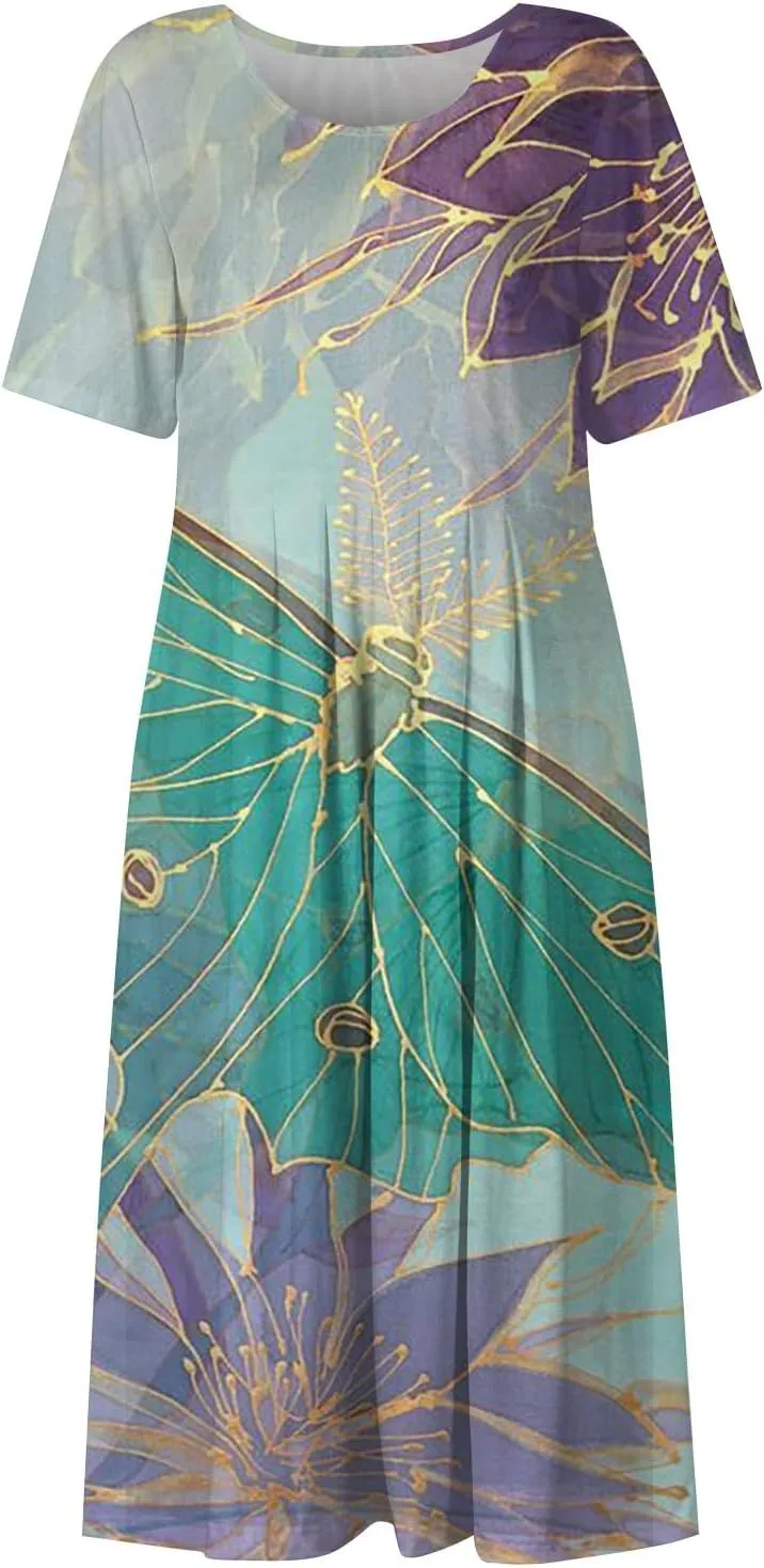 Yesunpxs Summer Dresses for Women Floral Print Loose Sundresses Short Sleeves Round Neck Beach Dress Casual Maxi Dress with
