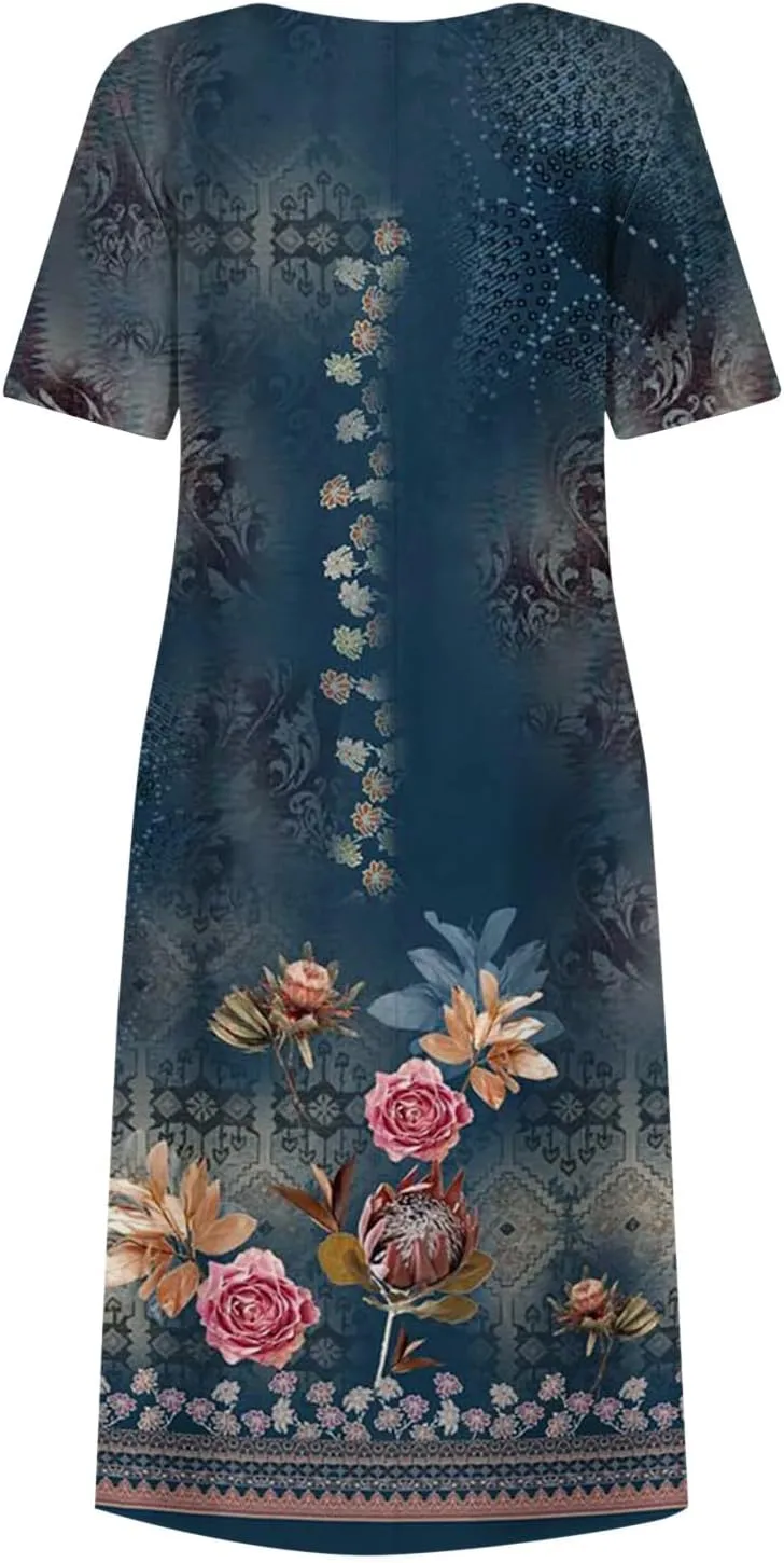 Yesunpxs Summer Dresses for Women Floral Print Loose Sundresses Short Sleeves Round Neck Beach Dress Casual Maxi Dress with