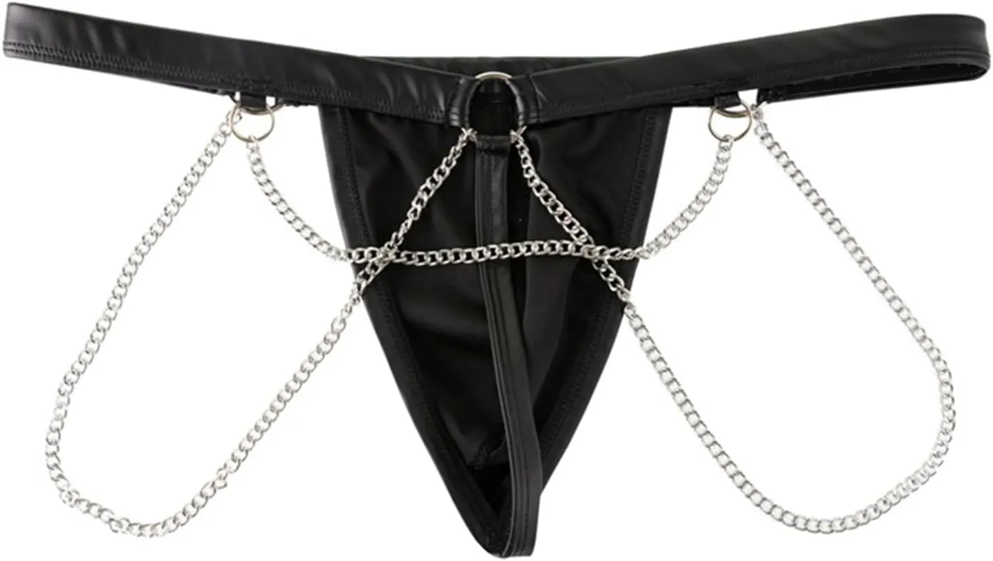 YiZYiF Men Sexy Low Rise Jockstraps PU Leather Bulge Pouch G-String Thong T-Back Briefs Underwear