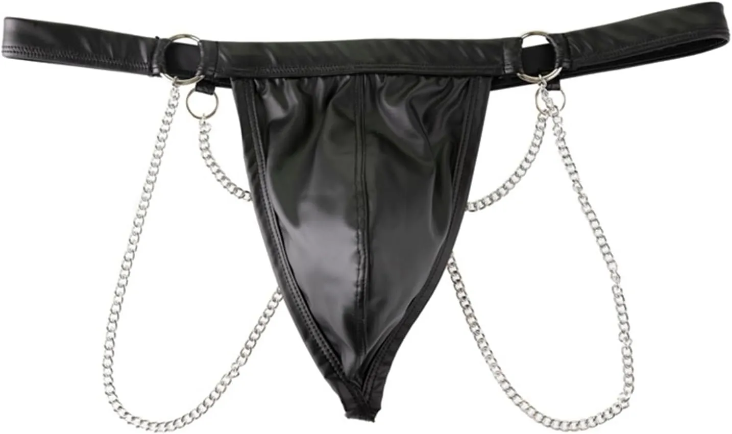 YiZYiF Men Sexy Low Rise Jockstraps PU Leather Bulge Pouch G-String Thong T-Back Briefs Underwear