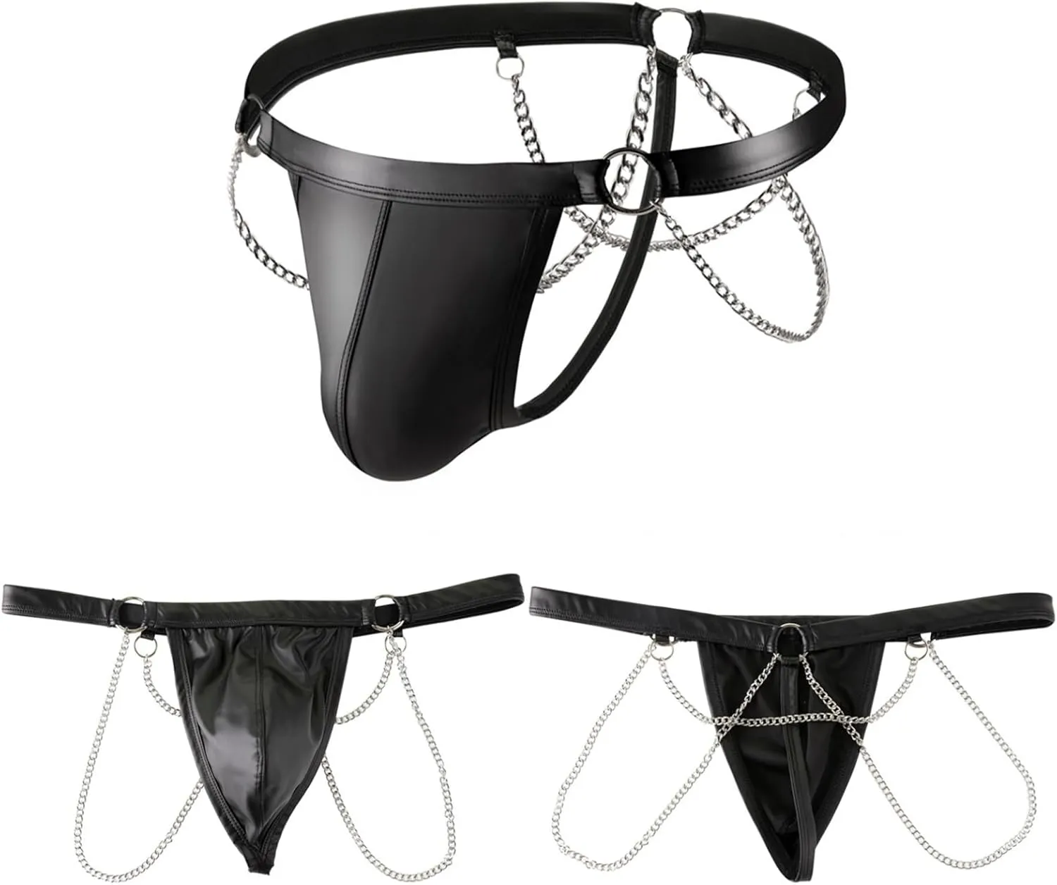 YiZYiF Men Sexy Low Rise Jockstraps PU Leather Bulge Pouch G-String Thong T-Back Briefs Underwear