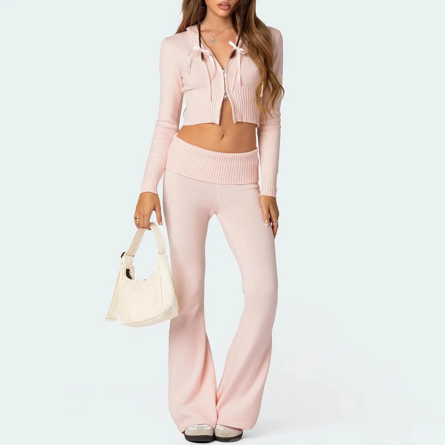 Yoawdats Women Ribbed Knit 2 Piece Outfits Y2K Long Sleeve Zip Up Slim Fit Cropped Hoodie and Bootcut Pants Set Loungewear
