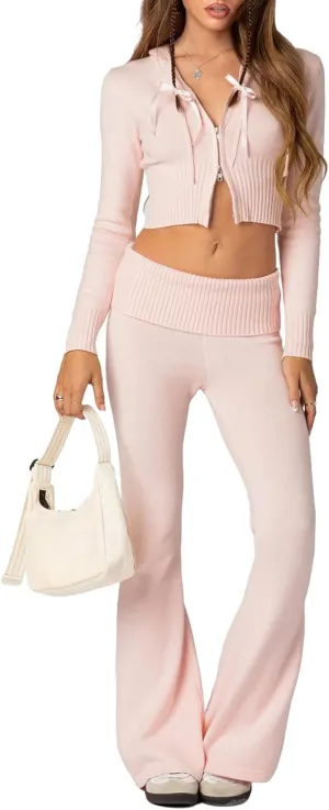 Yoawdats Women Ribbed Knit 2 Piece Outfits Y2K Long Sleeve Zip Up Slim Fit Cropped Hoodie and Bootcut Pants Set Loungewear