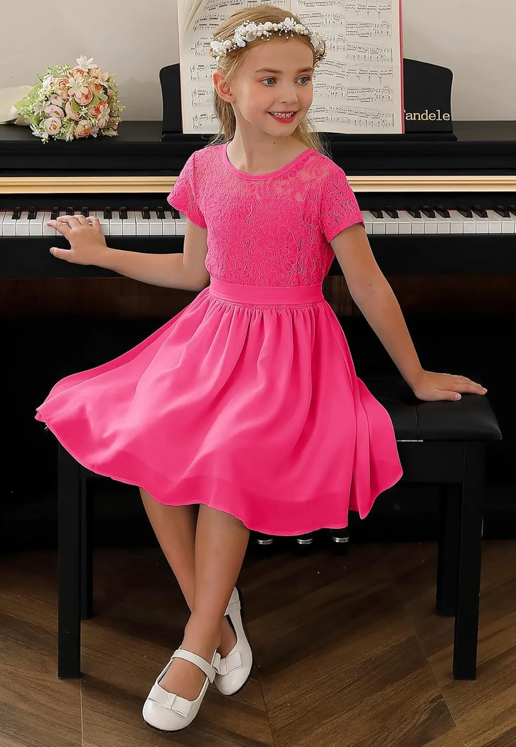 YOVION Flower Girls Dress Crew Neck Elegant Lace A-Line Formal Wedding Party Dresses for 6-12 Years