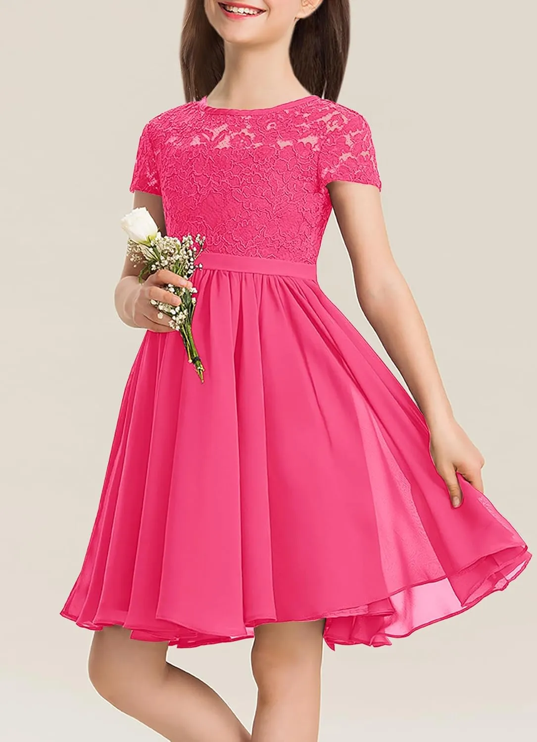 YOVION Flower Girls Dress Crew Neck Elegant Lace A-Line Formal Wedding Party Dresses for 6-12 Years