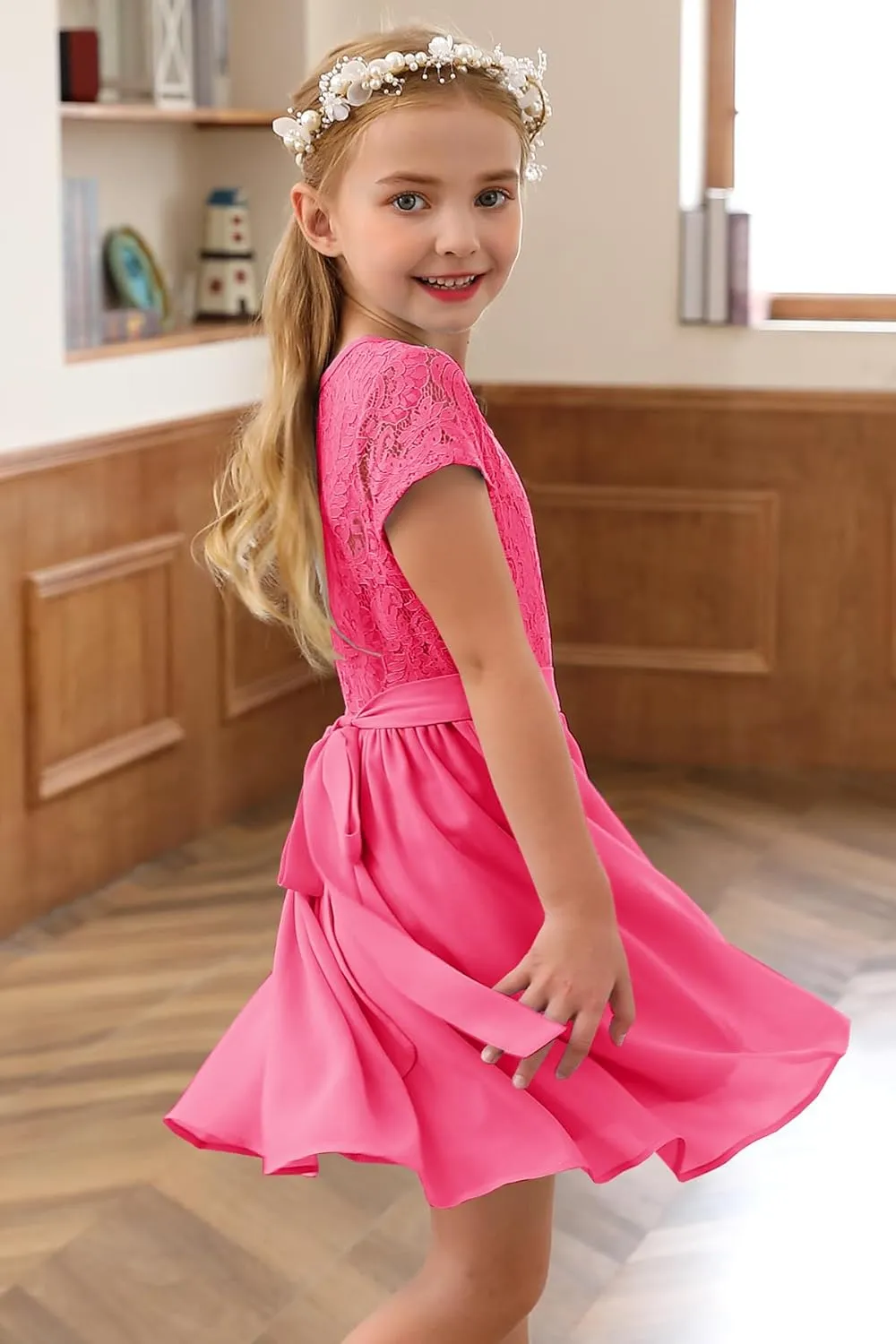 YOVION Flower Girls Dress Crew Neck Elegant Lace A-Line Formal Wedding Party Dresses for 6-12 Years