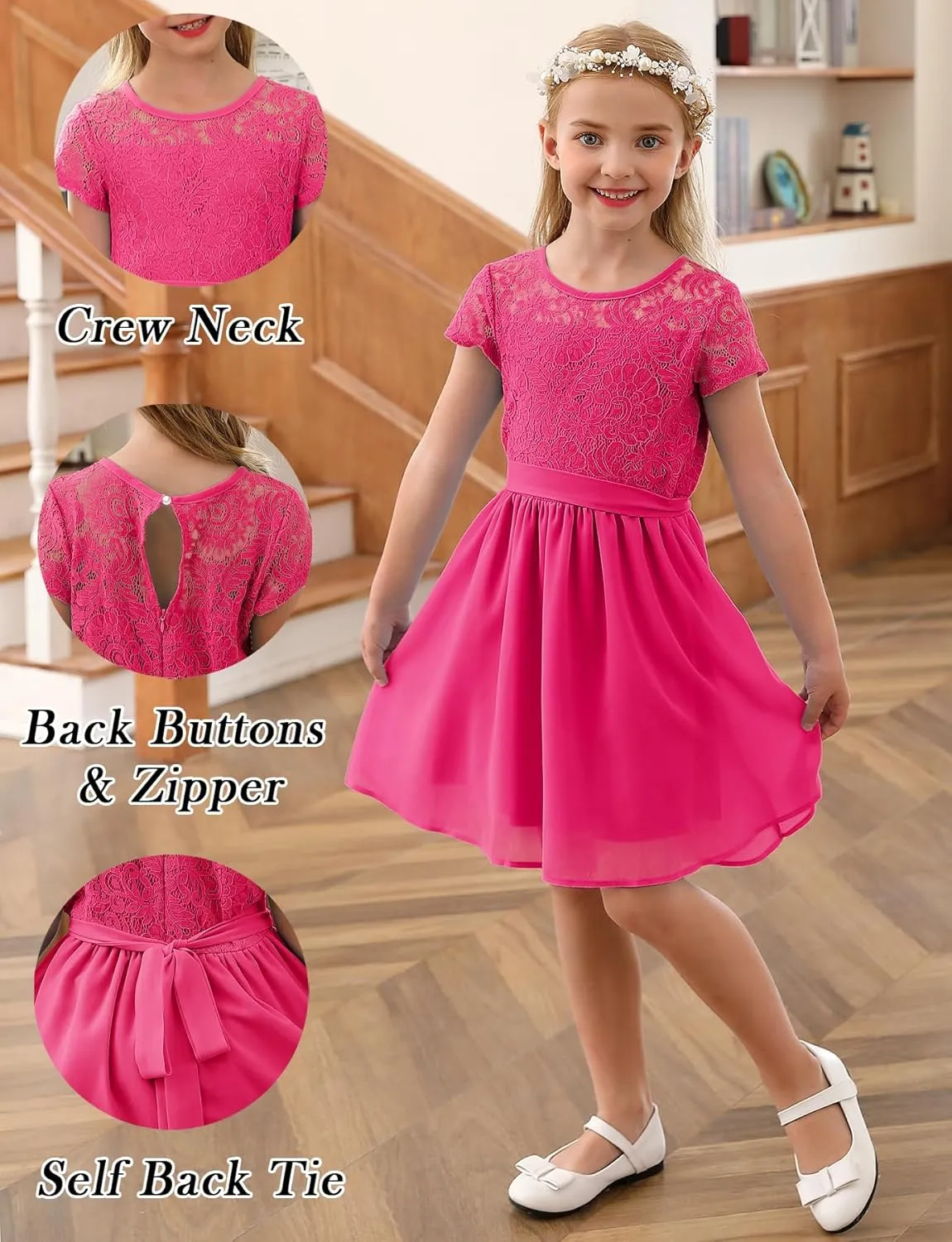 YOVION Flower Girls Dress Crew Neck Elegant Lace A-Line Formal Wedding Party Dresses for 6-12 Years