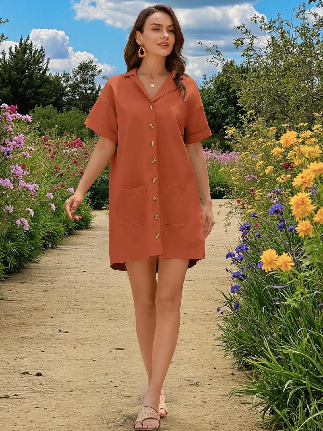 ZAFUL Women's Button Down Cotton Shirt Dress with Pockets, Short Sleeves V-Neck Collar Sundress Summer Break Beach 2025