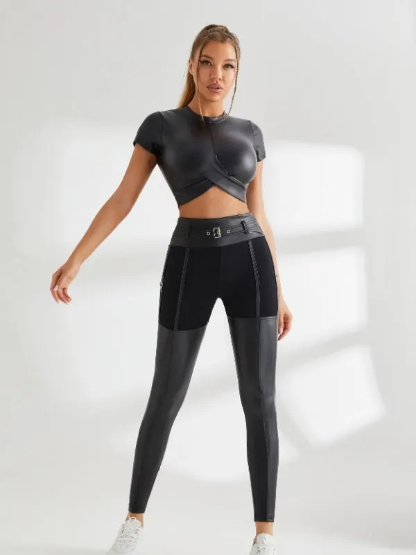 ZASUWA Female PU Glossy Cross Twist Short Sleeves