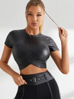 ZASUWA Female PU Glossy Cross Twist Short Sleeves