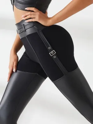 ZASUWA Female PU Glossy Metal Buttons Hip-lift Leggings