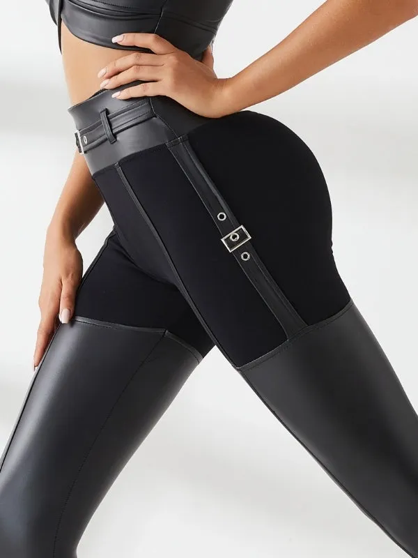 ZASUWA Female PU Glossy Metal Buttons Hip-lift Leggings