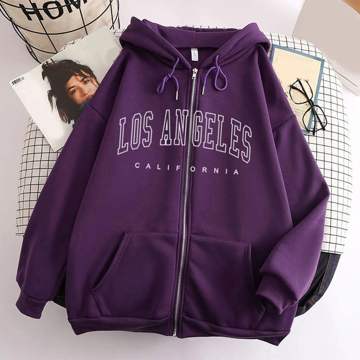 Zip Up Hoodies Women Vintage Oversized Jackets Los Angeles Printed Swaetshirts with Pockets Casual Style Y2K Streetwear